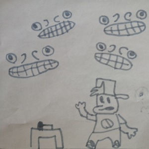 Graffiti looking more human with eyes above mouth and possible nose
