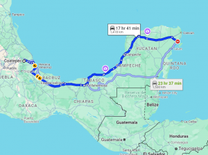 Map of Car route from Coatepec to Playa del Carmen